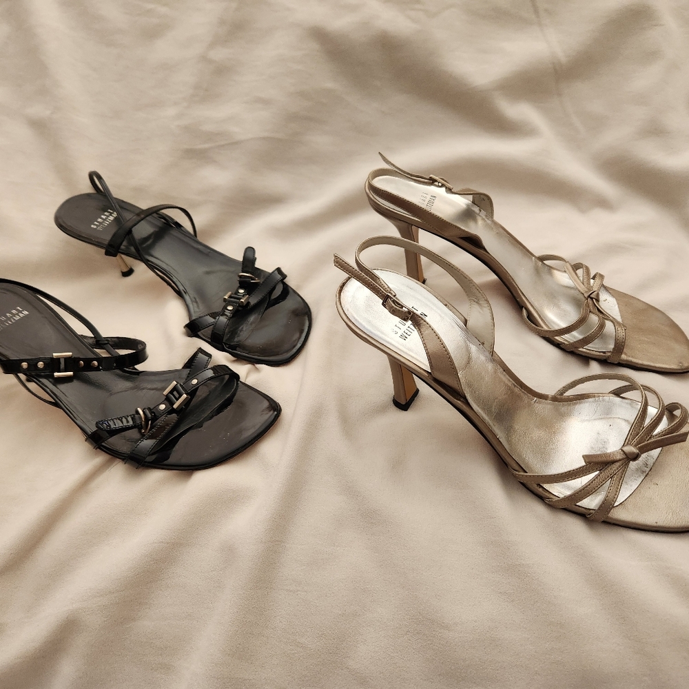 Stuart Weitzman Sandals TWO (2) Pairs 11M 1-Silver 2-Black Patent Open Strappy